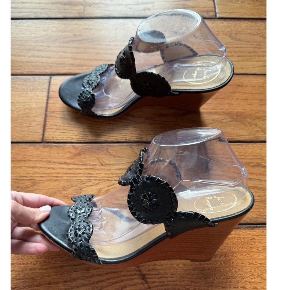 Jack Rogers Wedge Sandal Women 10 Black Preppy Whipstitch Rondelle Leather Shoes